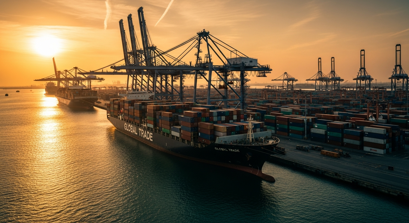 Container port at dusk